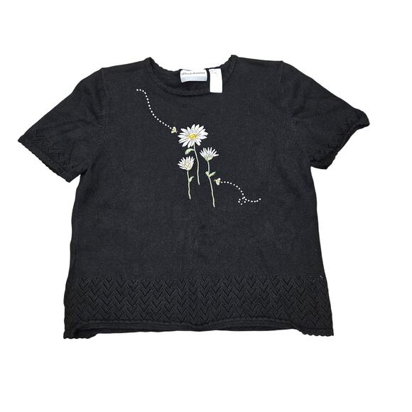 Vtg Embroidered Floral Bee Sweater Womens PL Black Crochet Trim Boho Prairie - Picture 1 of 7